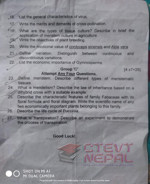 AG Botany 1st Year Question Papers CTEVT Diploma in Agriculture