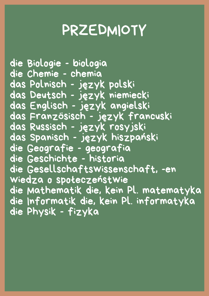Przedmioty Szkolne Po Niemiecku Z Rodzajnikami Nazwy przedmiotów szkolnych po niemiecku