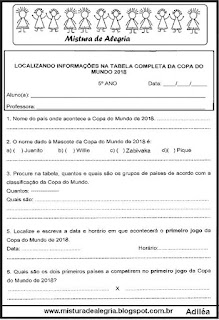 tabela Atividade copa mundial 2018 tabela jogos