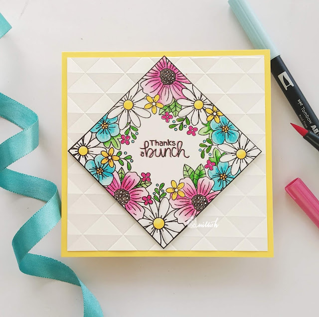 Newton's Nook designs, TO, floral card, Thank you card, Tombow dual brush pens, Quillish, Newton's nook floral fringe stamp set, coloring with tombows