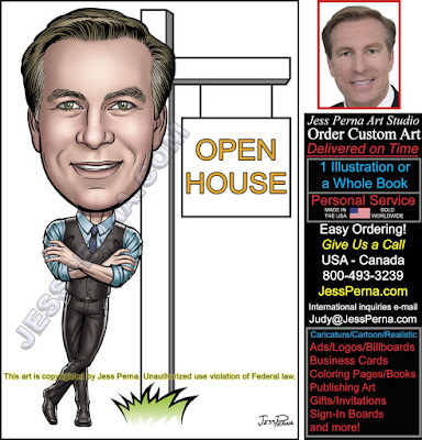 Agent Leaning on Open House Sign Caricature