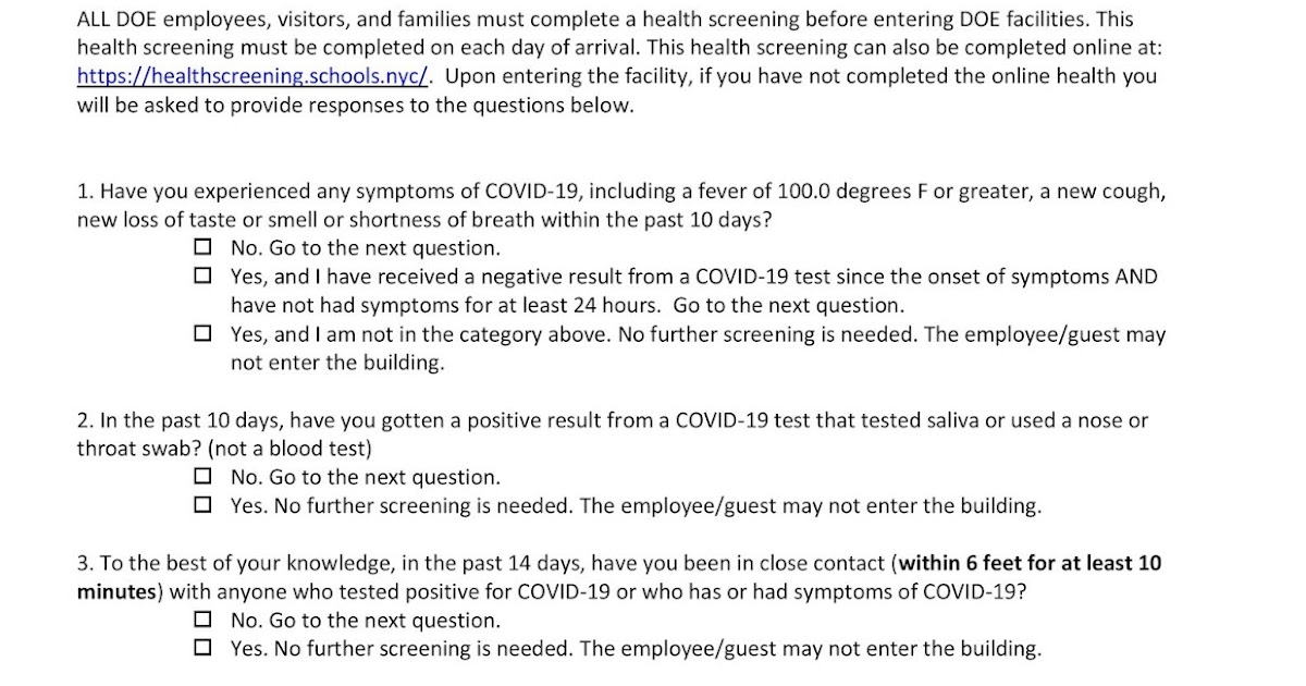 Nyc doe health screening questionnaire