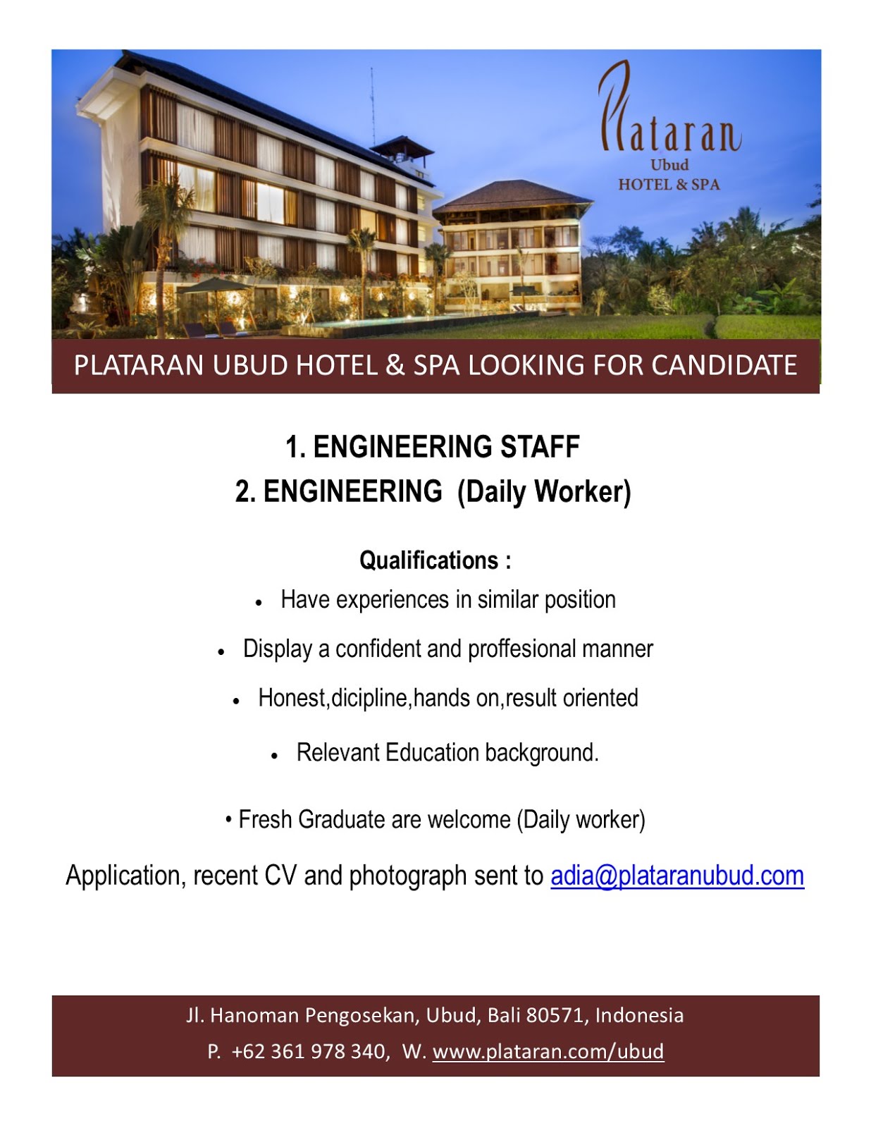 FW Plataran Ubud Open Vacancies HHRMA BALI FW Plataran Ubud Open Vacancies HHRMA BALI