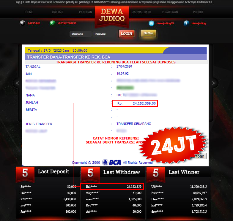 BUKTI TRANSFER DEWAJUDIQQ RP 24.152.359 - Pemenang DewajudiQQ