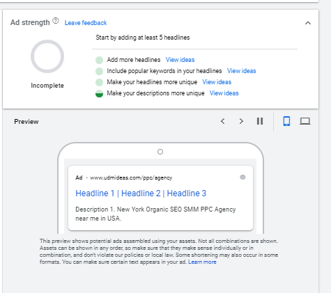 Ad strength and preview ad in Google Ad