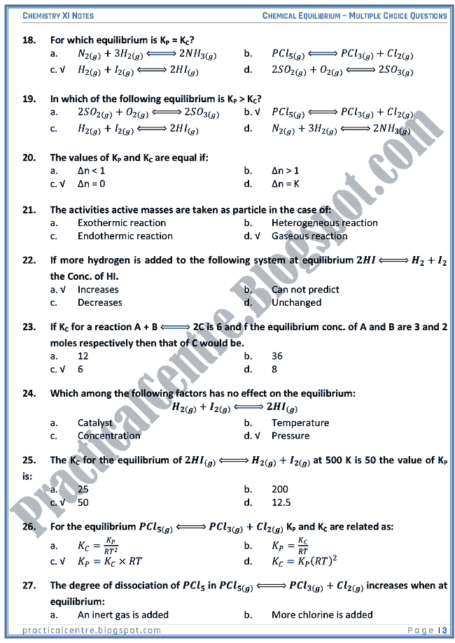 Chemical Equilibrium - MCQs - Chemistry XI