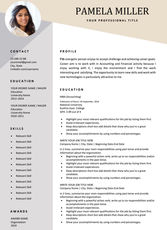 Simple Professional Dynamic Header with Left Sidebar One Page Resume
