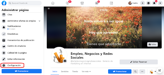 botón de configuración de las páginas de facebook