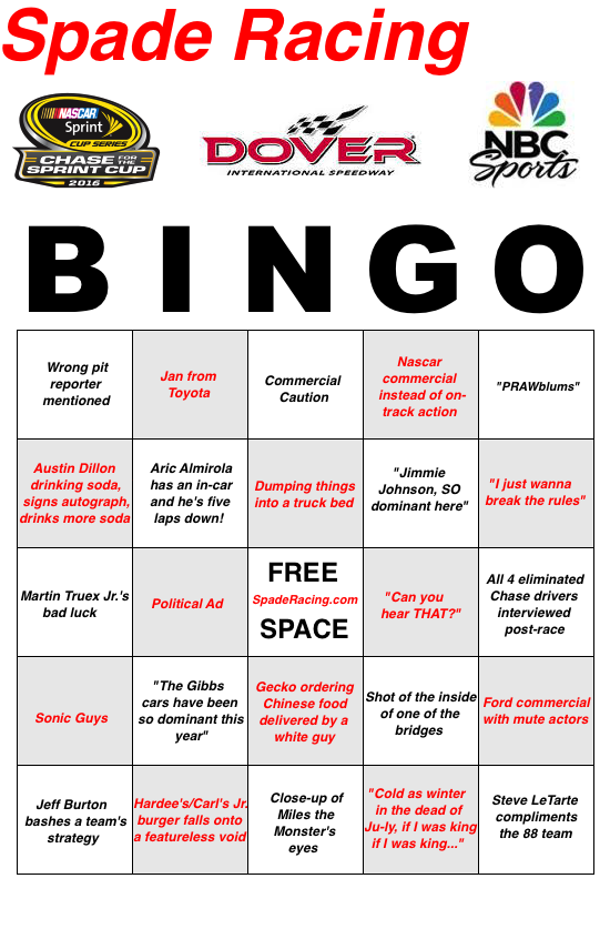 Spade Racing Dover BINGO