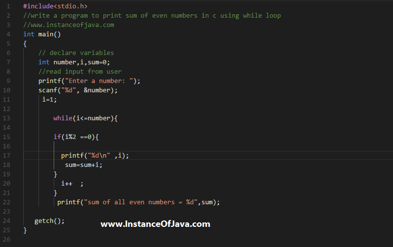 Sum of even numbers in c - InstanceOfJava