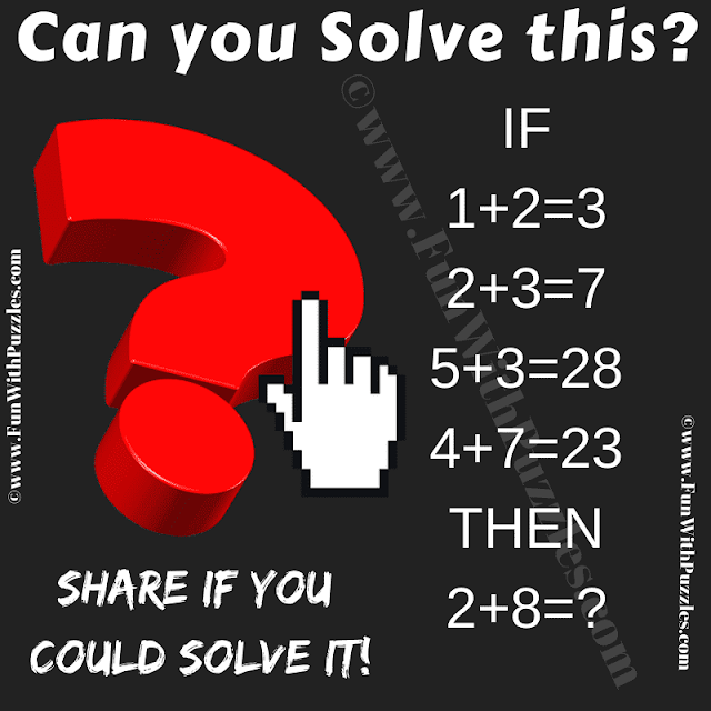 Can you solve this? If 1+2=3, 2+3=7, 5+3=28, 4+7=23 Then 2+8=?