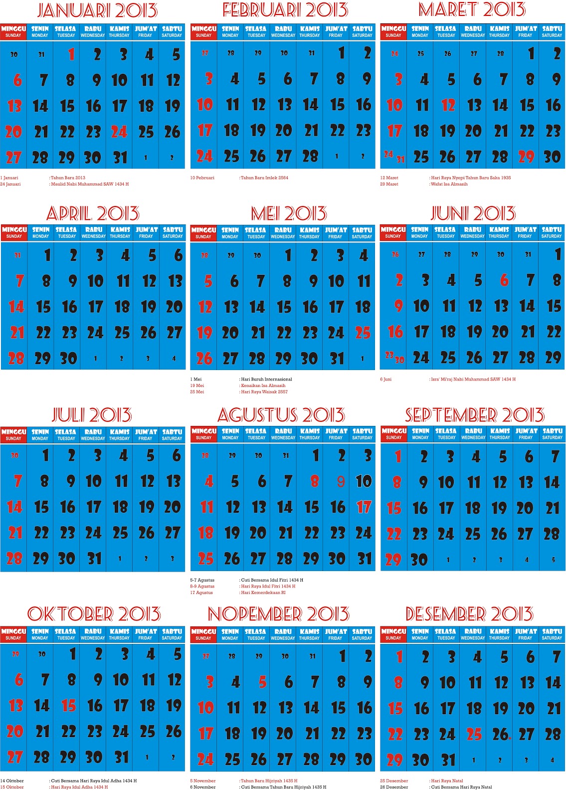 Download Kalender 2013 Indonesia Lengkap Gratis Beserta Hari Libur