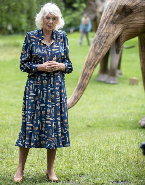 The Duchess of Cornwall wore a navy blue, feather-print dress from Fiona Clare