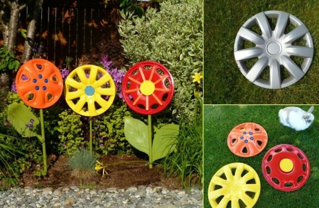 Recycler un enjoliveur de voiture en fleur