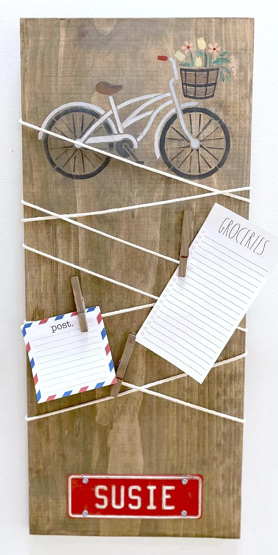 Easy to make Bicycle stenciled cord wrapped message center 