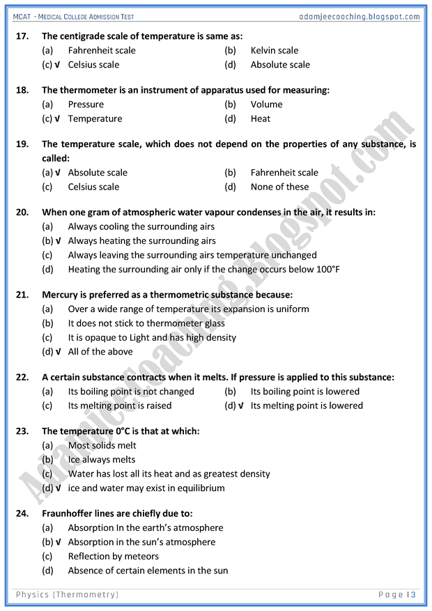 Adamjee Coaching MCAT Physics [Thermometry] Mcqs for Medical Entry Test