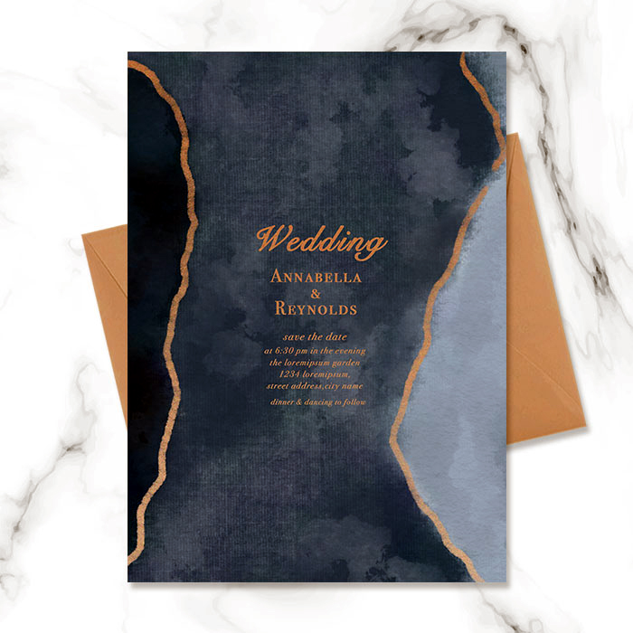 Blue Gold Foil Watercolor Halo Gradient Wedding Invitation