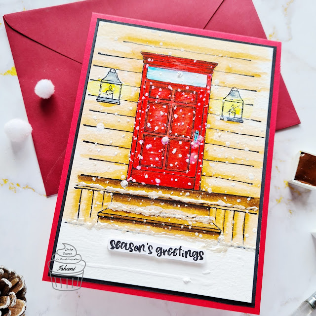 Purple Onion Design - Stacey Yacula - Studio Front Door, Snow Christmas scene, Christmas cards, Watercolored Christmas cards, Quillish, Rubber stamps