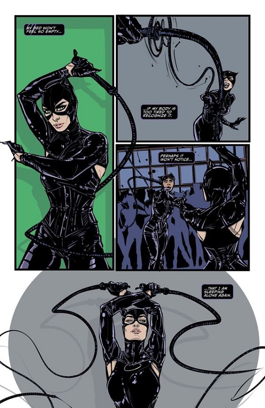 A page from a comic book showing Catwoman in four different poses as she whirls her whip attempting to subdue a copycat Catwoman: in the final panel she poses with both whips, having disarmed her opponent.