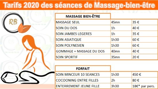 Tarifs 2020 des séances de Massage-bien-être;