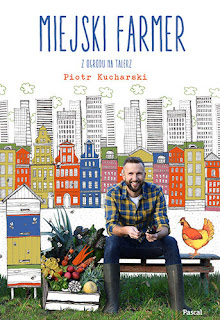 Okładka książki z mężczyzną siedzącym obok skrzyni warzyw na tle rysunkowego miasta.