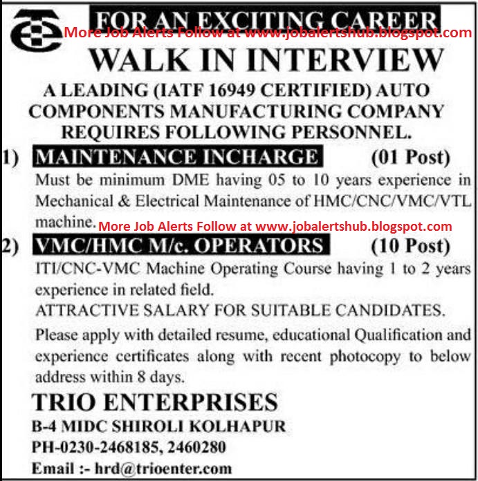 TRIO ENTERPRISES Hiring Maintenance Incharge & Operators (Electrical