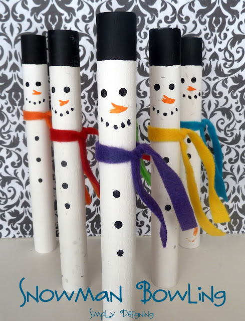 Snowman Bowling - super simple craft to make for or with the kiddos!  This would make a great stocking stuffer too.  So simple to make provides hours of indoor entertainment during these cold winter months!  #snowman #kidcraft #kidactivity #bowling | Simply Designing