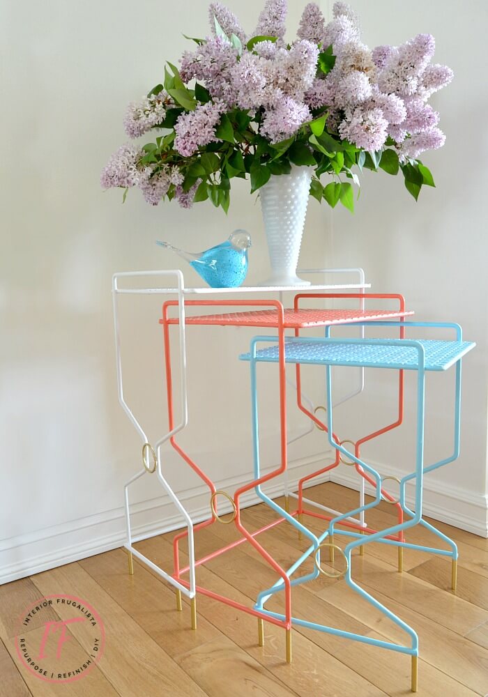 How to quickly and easily refresh vintage wrought iron mesh nesting tables in bright bold retro colors reminiscent of 1950s coastal outdoor furniture.