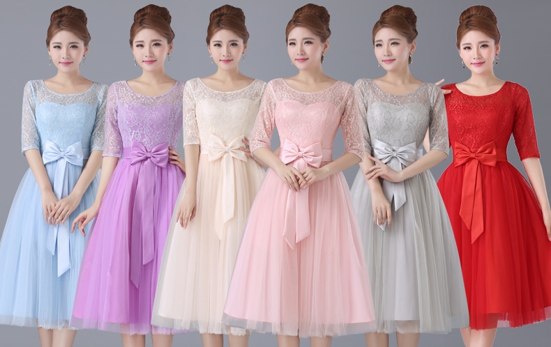 6-Color Half Sleeve Tutu Floral Lace Past Knee Length Bridesmaid Dresses