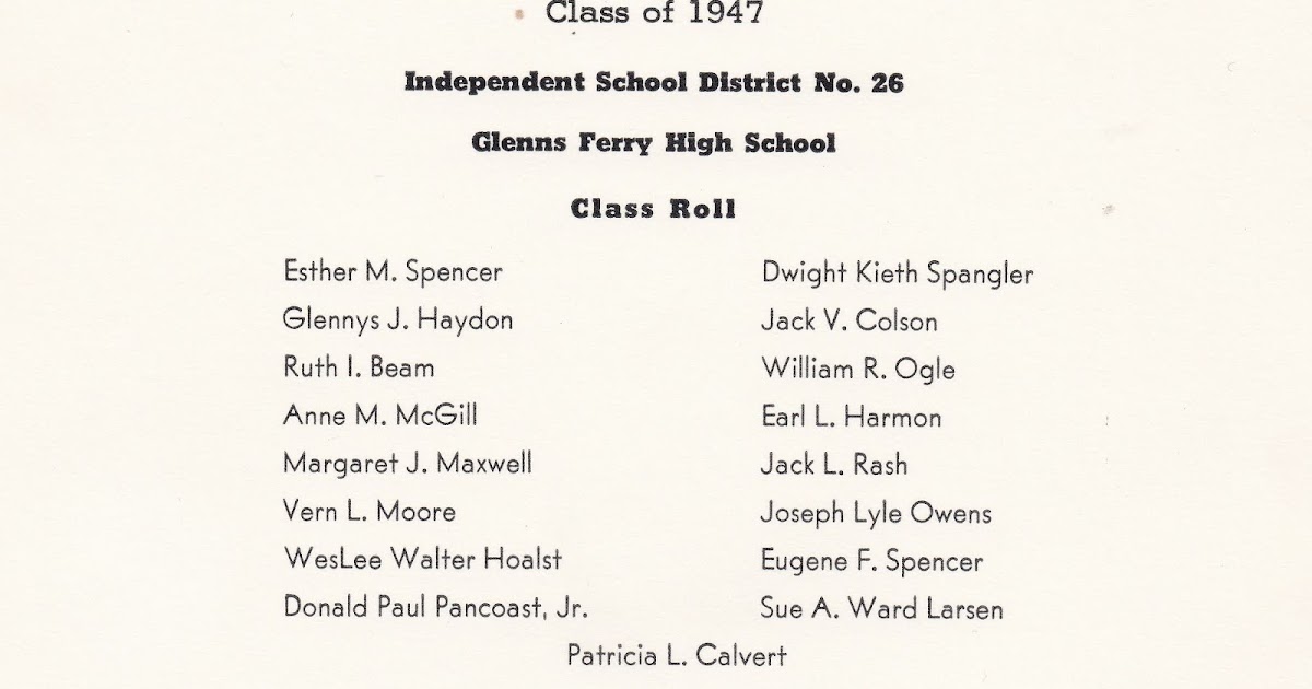 All Bound Together Glenn's Ferry High School Class of 1947 Roll. Glenn