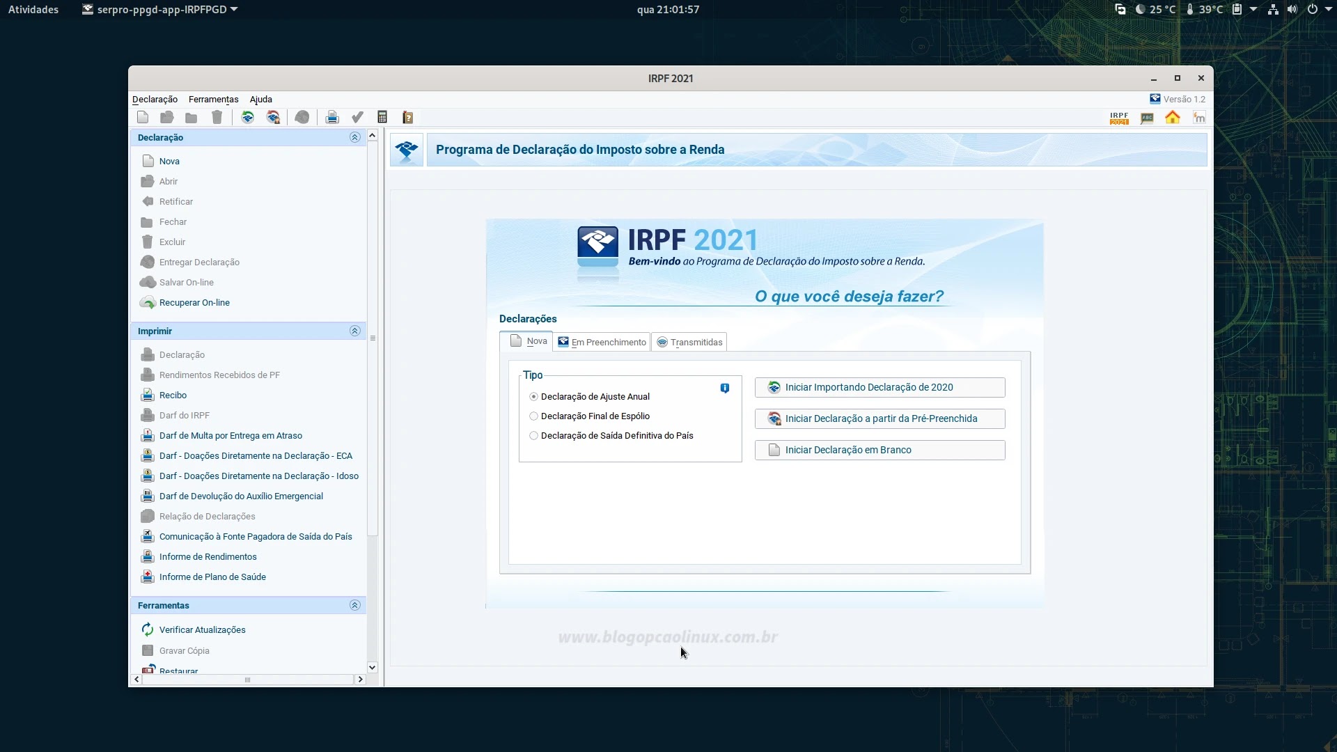 Programa de Declaração do Imposto de Renda 2021 executando no openSUSE Tumbleweed com GNOME Programa de Declaração do Imposto de Renda 2021 executando no openSUSE Tumbleweed com GNOME