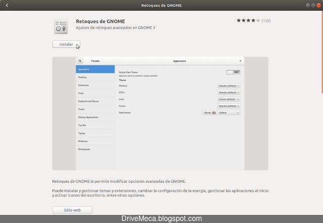 Damos click al boton Instalar de Retoques de GNOME