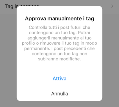 Instagram per iOS Post taggati Attiva Approva manualmente i tag