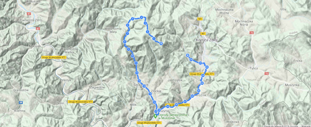 Górska trasa rowerowa zjazd z Jaworzyna Krynicka, mapa