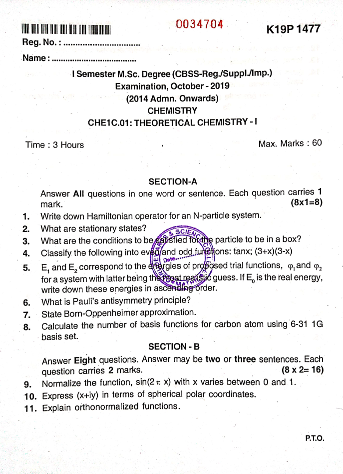 Kannur University M.Sc.Chemistry CHE1C01 THEORETICAL CHEMISTRY I
