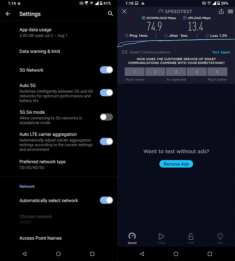 5G settings and speedtest