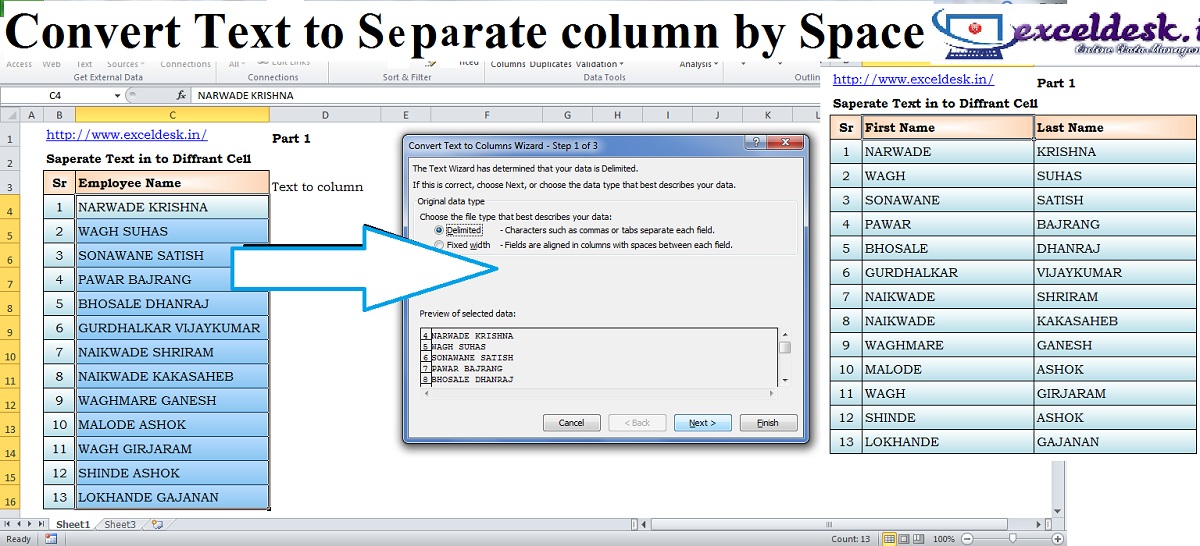 Convert Separate Text To Column By Space Using Function Text To