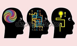 Imagen de sombras de cabezas con símbolos cognitivos