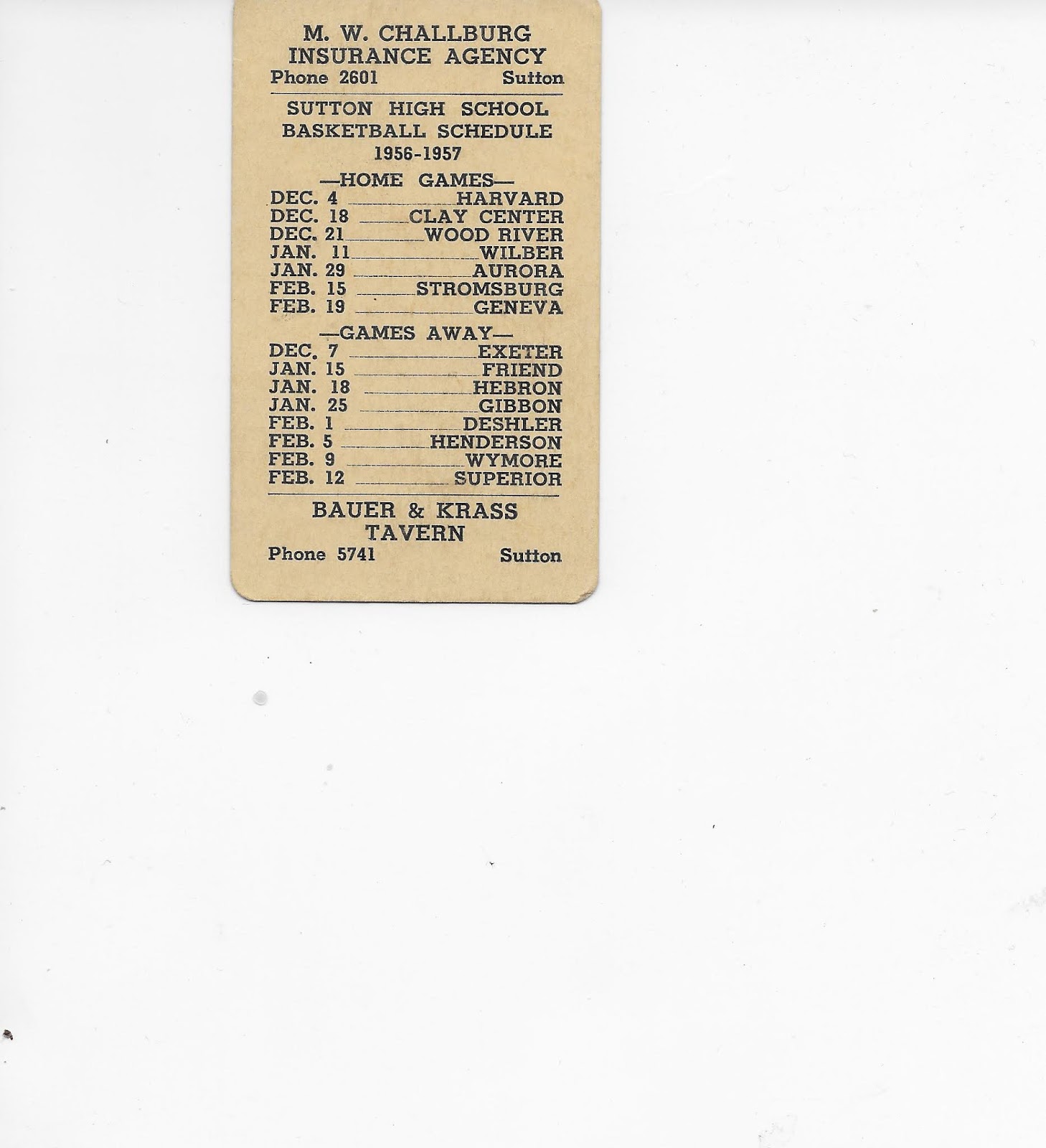 Sutton Nebraska Museum 195657 Sutton Football Schedule from Challburg