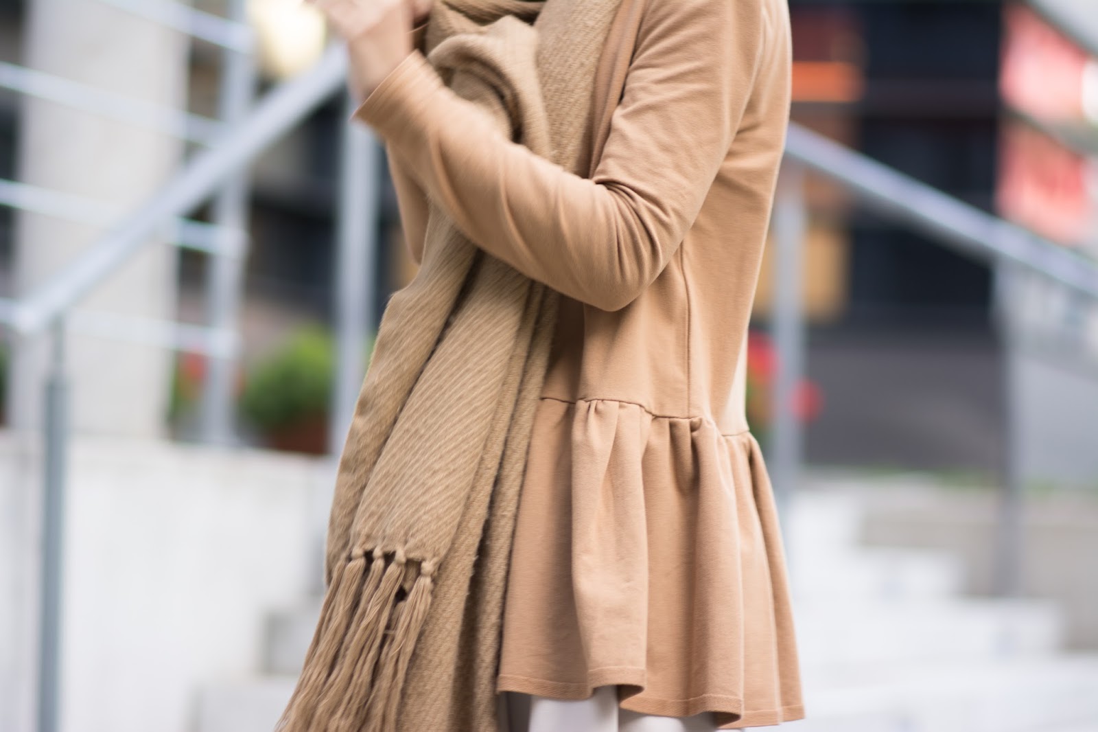 Blogger street style outfit Camel blazer, simple dress, big woolen coat, overknee boots and turban hat