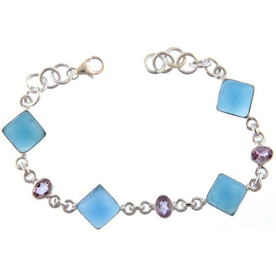 Silver Sterling Blue Chalcedony Bracelet with Amethyst