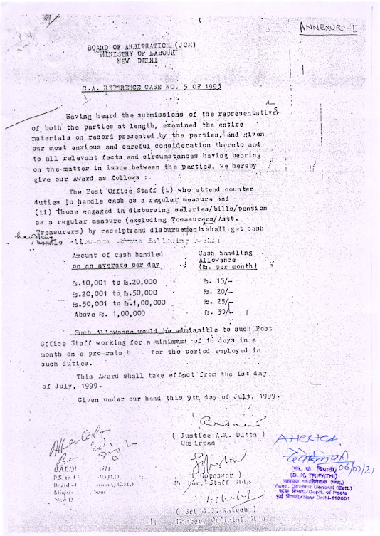 Cash handling allowance to Post Office staff handling cash at Post