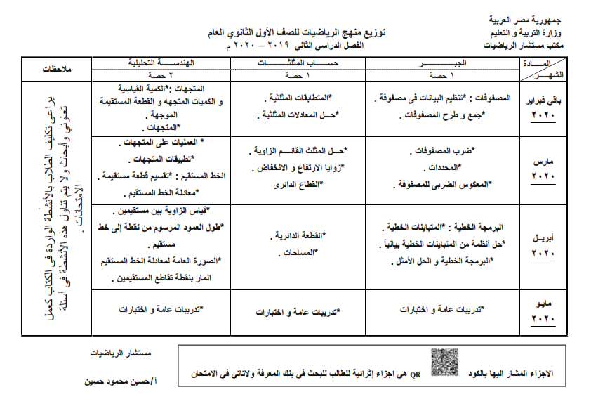 توزيع منهج الرياضيات للصف الأول الثانوي ترم أول وثاني 2019 / 2020