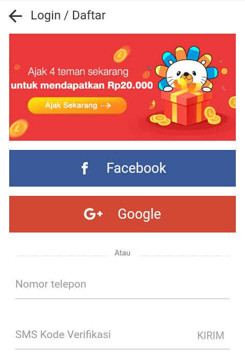 silahkan mendaftar / membuat akun dengan cara Login menggunakan akun sosial media yang telah tersedia atau bisa juga menggunakan nomor handphone.