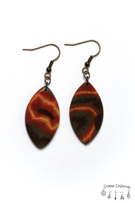 boucles oreilles pâte polymère canne oeil marron jaune rouge kaki Fimo Pardo Sculpey Stenna Création