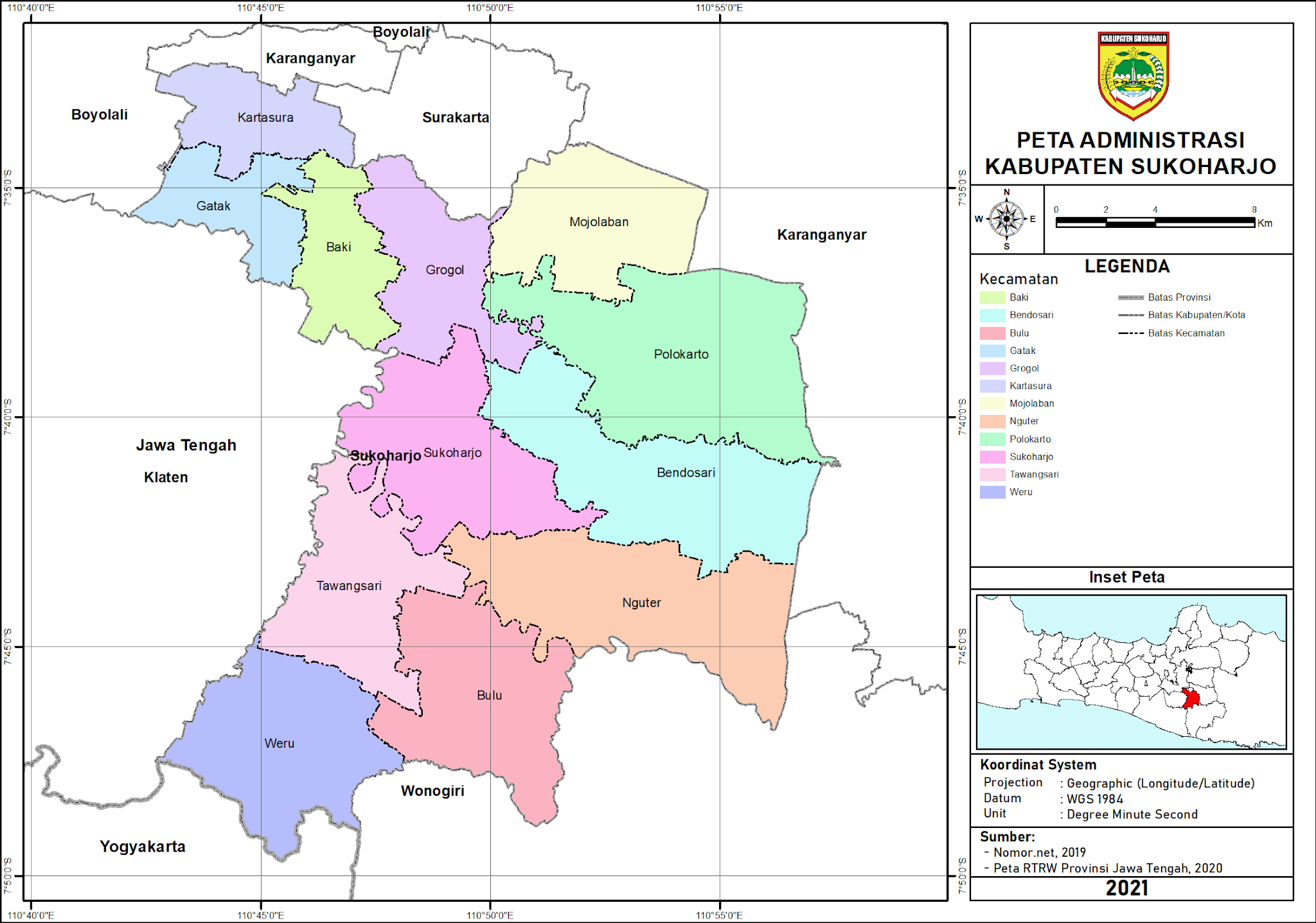 Peta Administrasi Kabupaten Sukoharjo Provinsi Jawa Tengah NeededThing