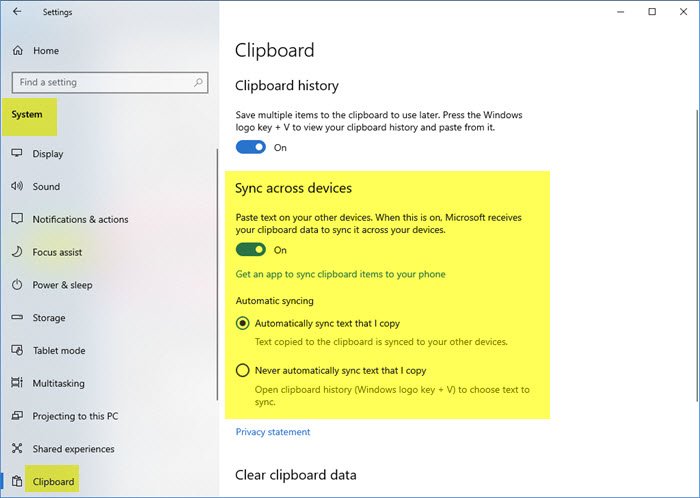 Deshabilite la sincronización del portapapeles en dispositivos con Windows 10