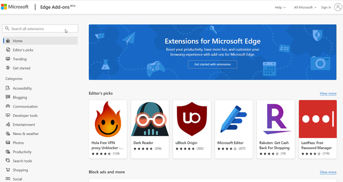 Cài đặt các tiện ích mở rộng trong Microsoft Edge