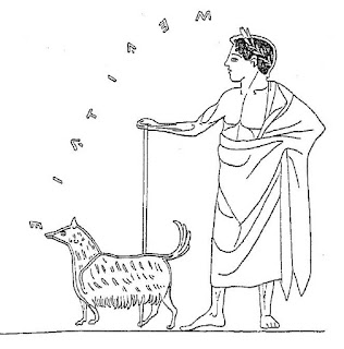 alt="grabado romano donde aparece un noble con un perro como mascota"