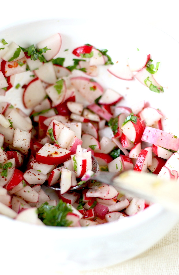 Radish Salad spiced with Sumac Powder and Aleppo Chili Flakes by SeasonWithSpice.com